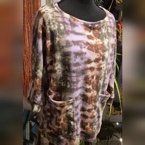 French Laundry Lilac and Brown Tie-dye Variegated ribbed Top Size M Pockets